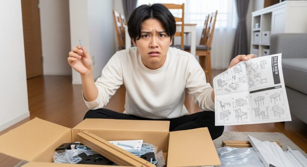 組み立て式家具の難易度が高くて悩んでいる男性