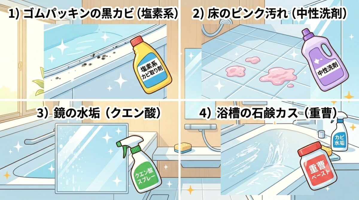 お風呂の汚れ4種(黒カビ・ピンクぬめり・水垢・石けんカス)と効く洗剤を示した図解イラスト