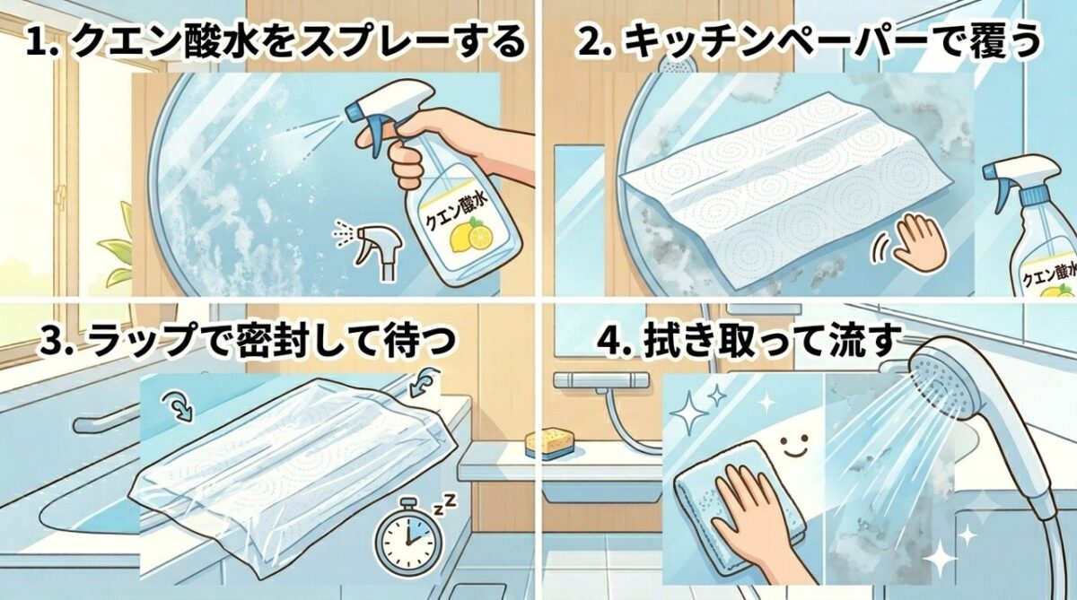 浴室の鏡にクエン酸水とキッチンペーパーとラップでパックして水垢を落とす手順のイラスト