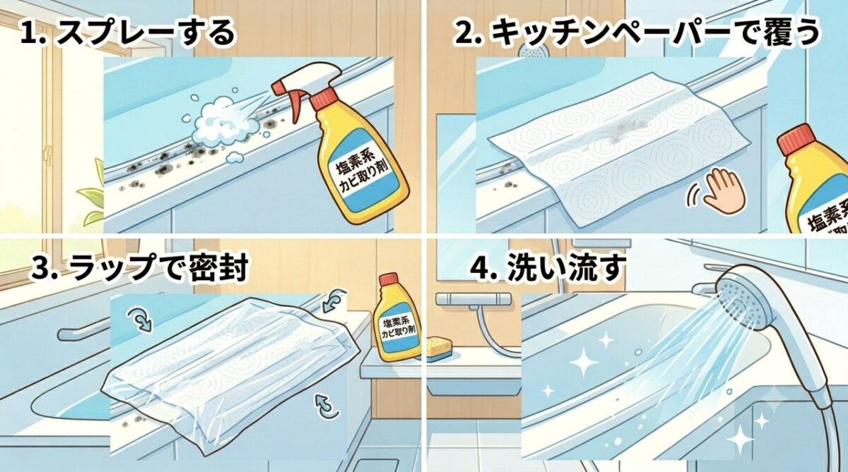 浴室のゴムパッキンにカビ取り剤とキッチンペーパーとラップで覆うラップパックの手順イラスト