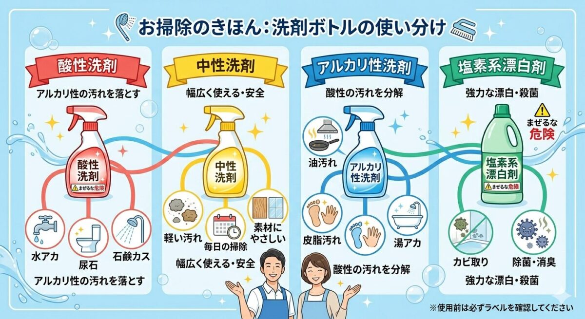 酸性・中性・アルカリ性・塩素系の洗剤と得意な汚れを対応づけたイラスト