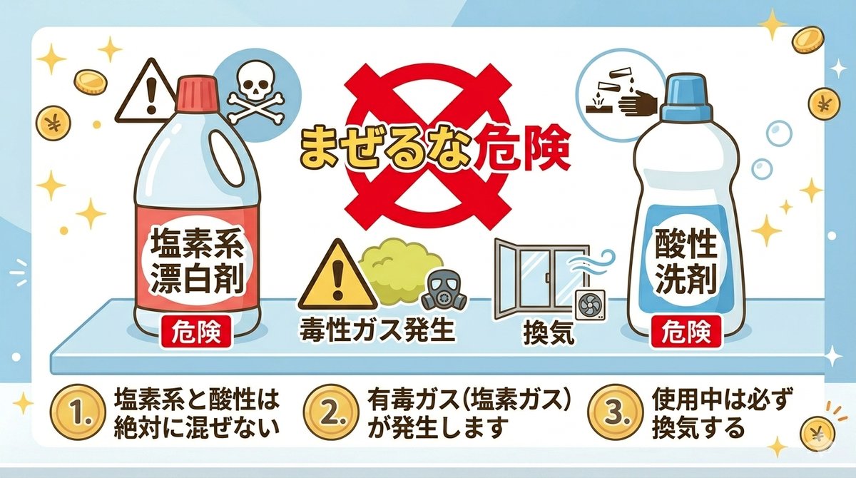 塩素系洗剤と酸性洗剤を混ぜると危険なことを示す注意喚起イラスト