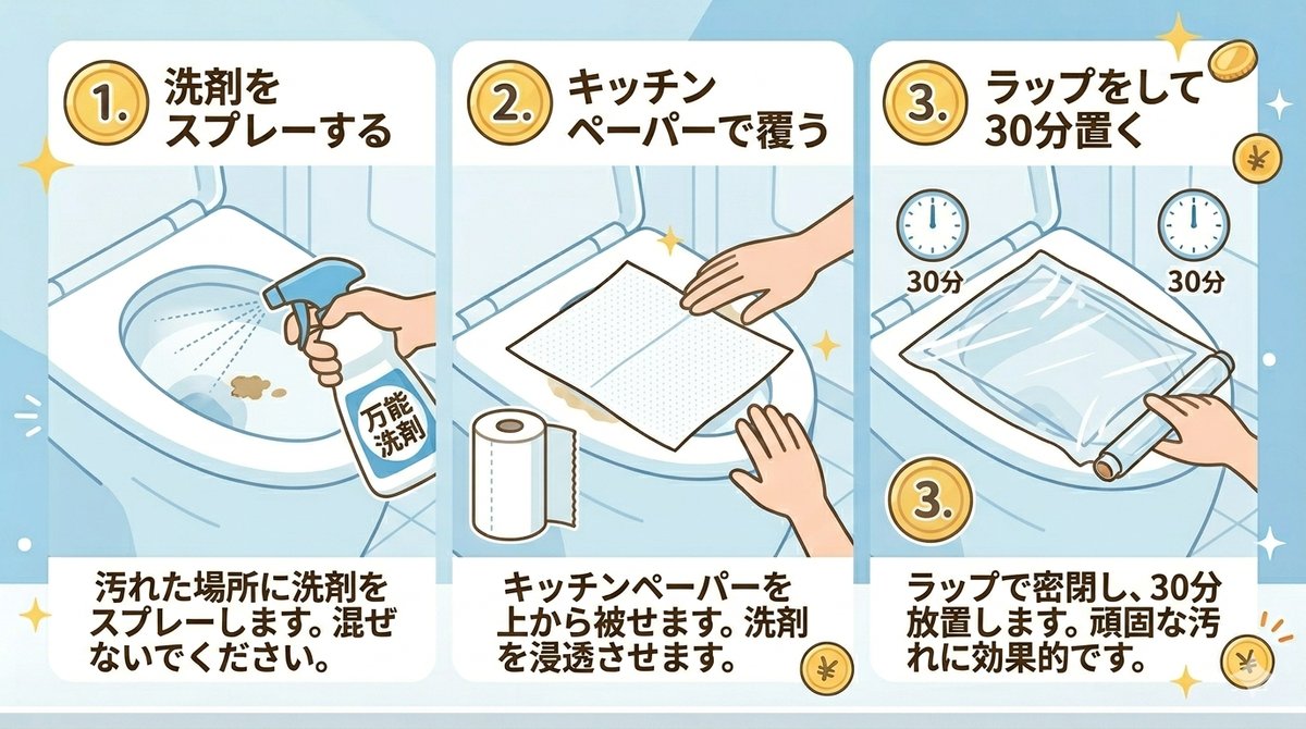 洗剤をスプレーしキッチンペーパーとラップで覆うラップパックの手順イラスト