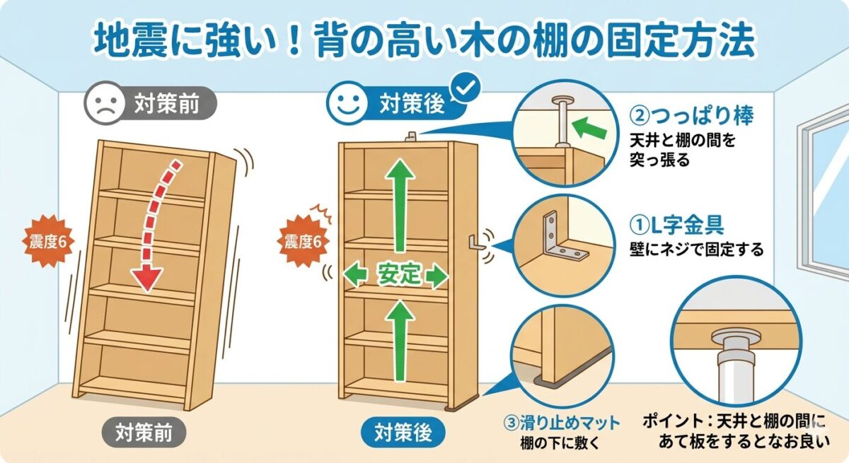 L字金具・つっぱり棒・滑り止めマットで固定した背の高い棚の地震対策