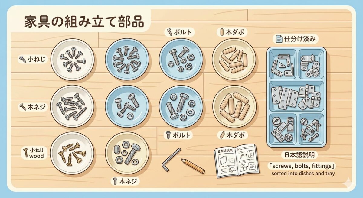 種類ごとに小皿へ仕分けした家具用のネジ・ボルト・木ダボ・金具