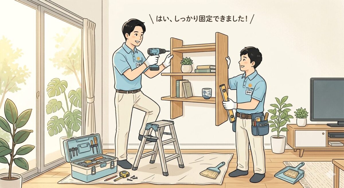 便利屋スタッフ2人で家具を組み立て壁に固定している様子