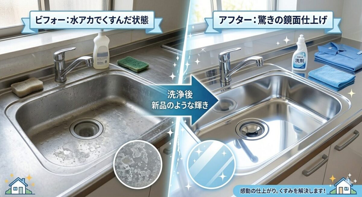 水アカでくすんだキッチンシンクが洗浄後に鏡面のように輝くビフォーアフター