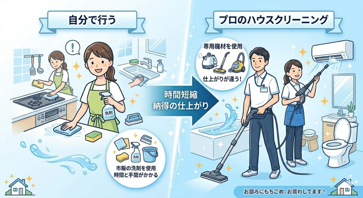 自分で掃除する場合とプロのハウスクリーニングを対比したイラスト