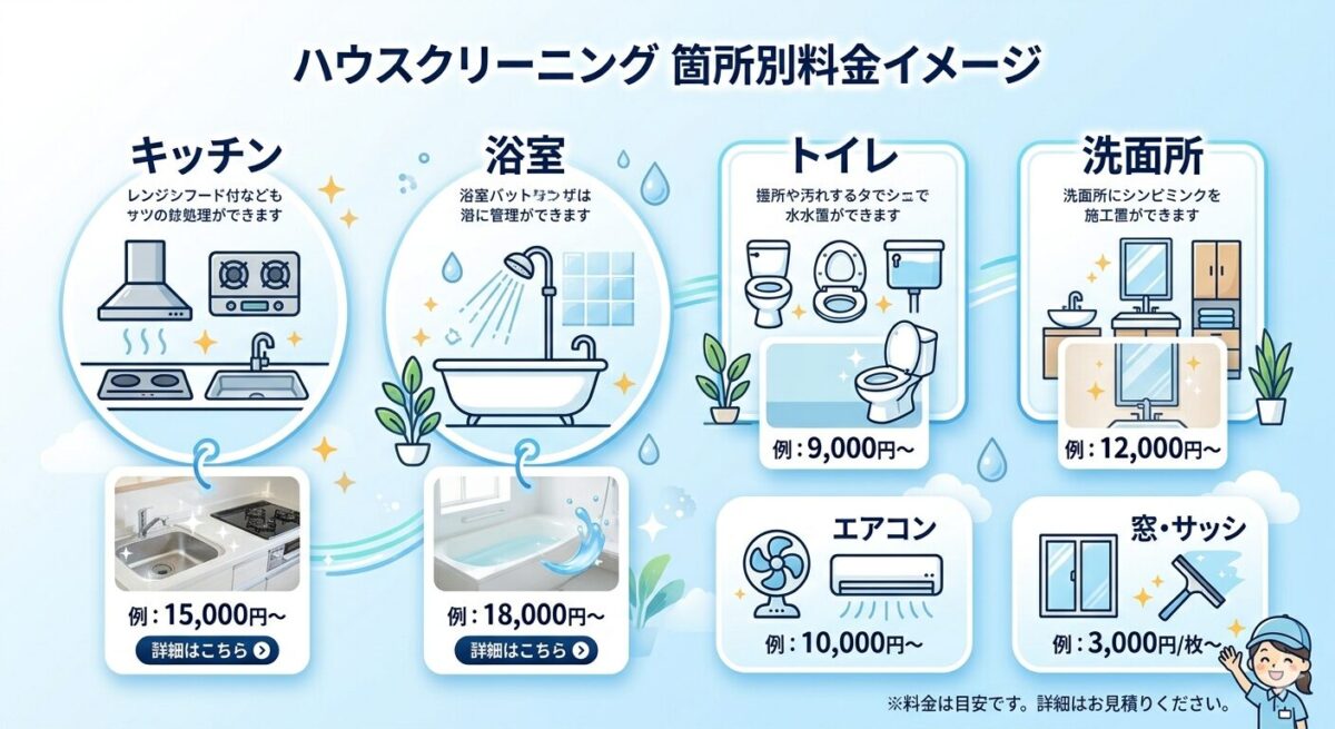 キッチン・浴室・トイレなど箇所別のハウスクリーニング料金イメージ