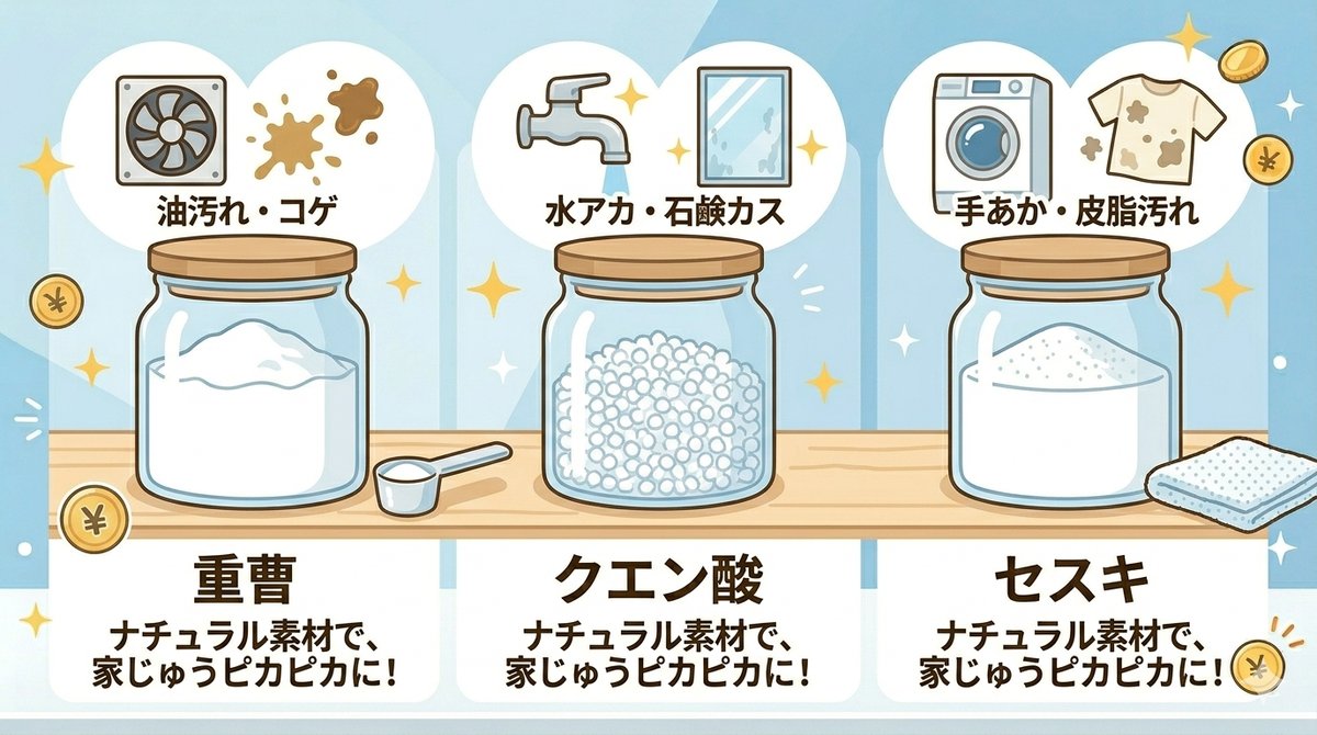 重曹・クエン酸・セスキ炭酸ソーダの3種と得意な汚れを示すイラスト