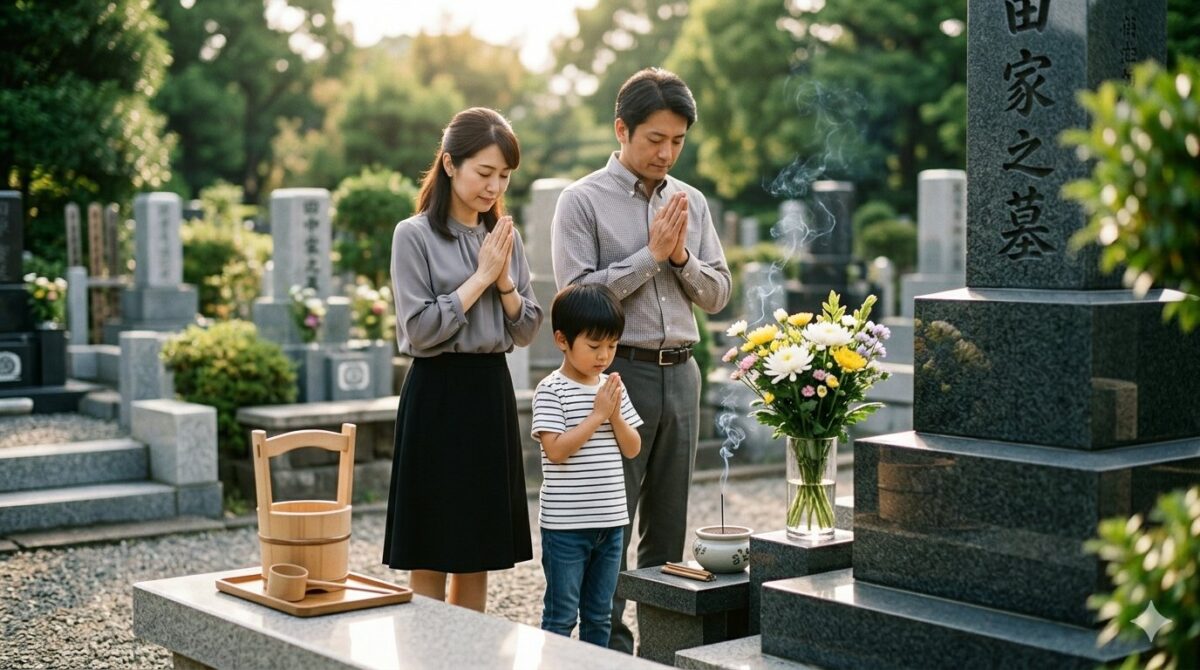 お墓の前で手を合わせる家族の写真