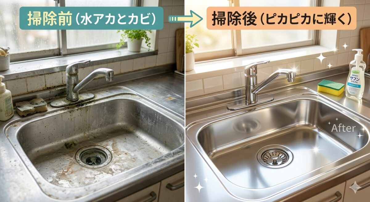 水アカやカビで汚れたキッチンシンクが掃除後にピカピカに輝くビフォーアフター
