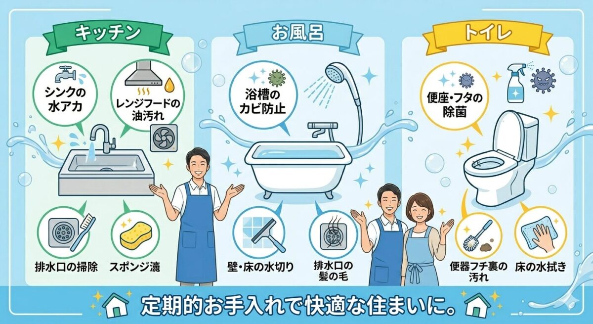 キッチン・お風呂・トイレ3箇所のお手入れポイントを示したイラスト