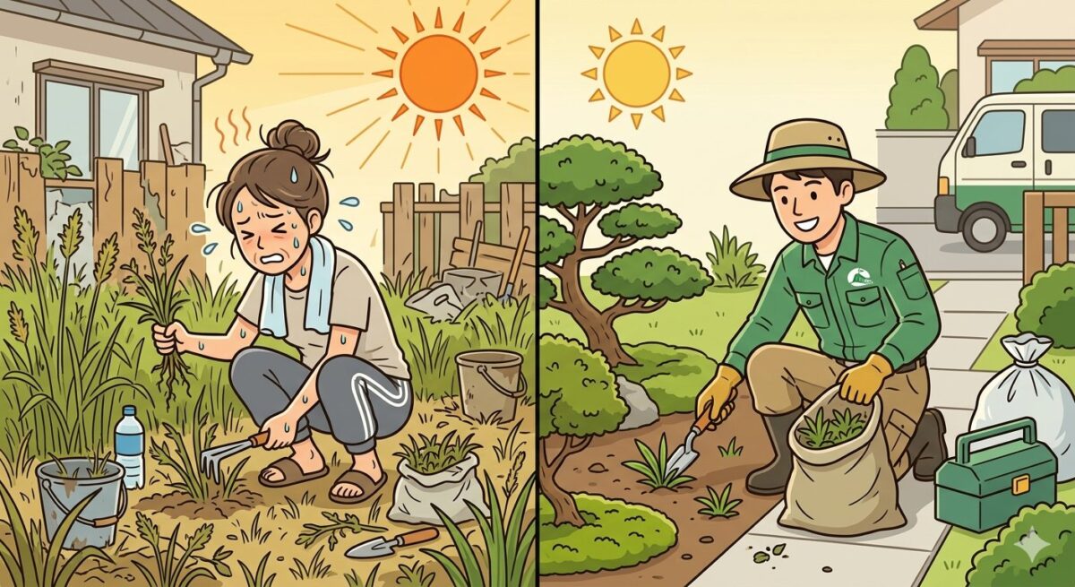 自分で草むしりする場合とプロに手作業で頼む場合を比較するイラスト
