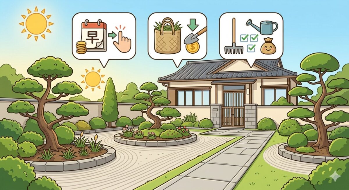草むしり代行の料金を抑えるコツを示すイラスト