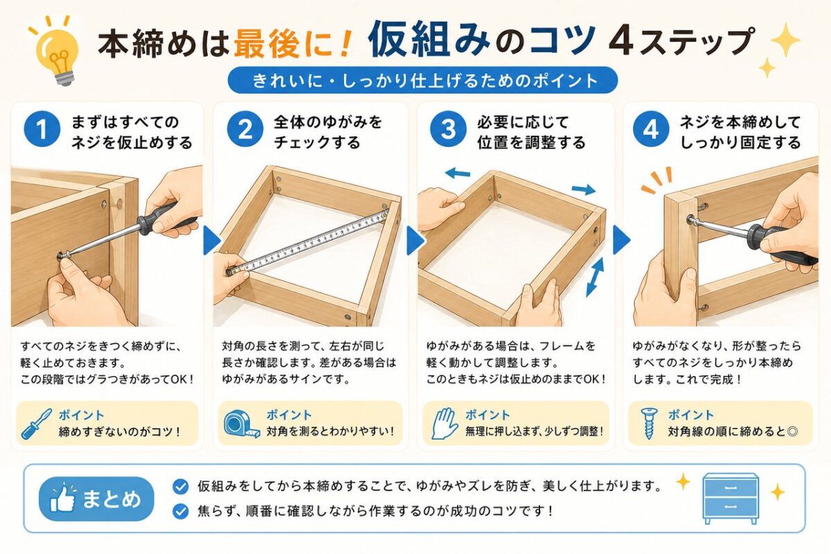 家具のフレームを本締めする前に仮留めの状態でゆがみがないか確認している手順イラスト