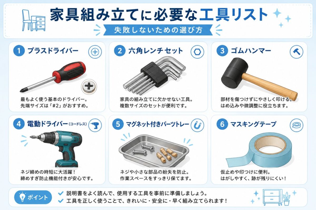 プラスドライバー・六角レンチ・ゴムハンマー・電動ドライバー・マグネット皿を並べた家具組み立て工具一覧の図解イラスト