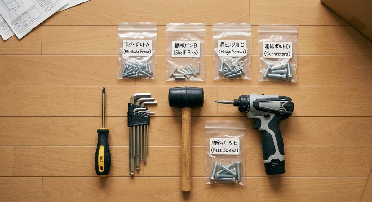 解体に使う工具一式と、外したネジ・部品をラベル付きの袋で管理している様子