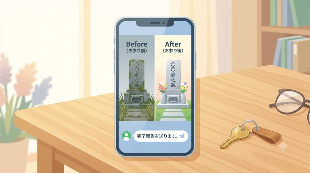 清掃前後の墓石の写真が表示されたスマートフォンの画面イメージ