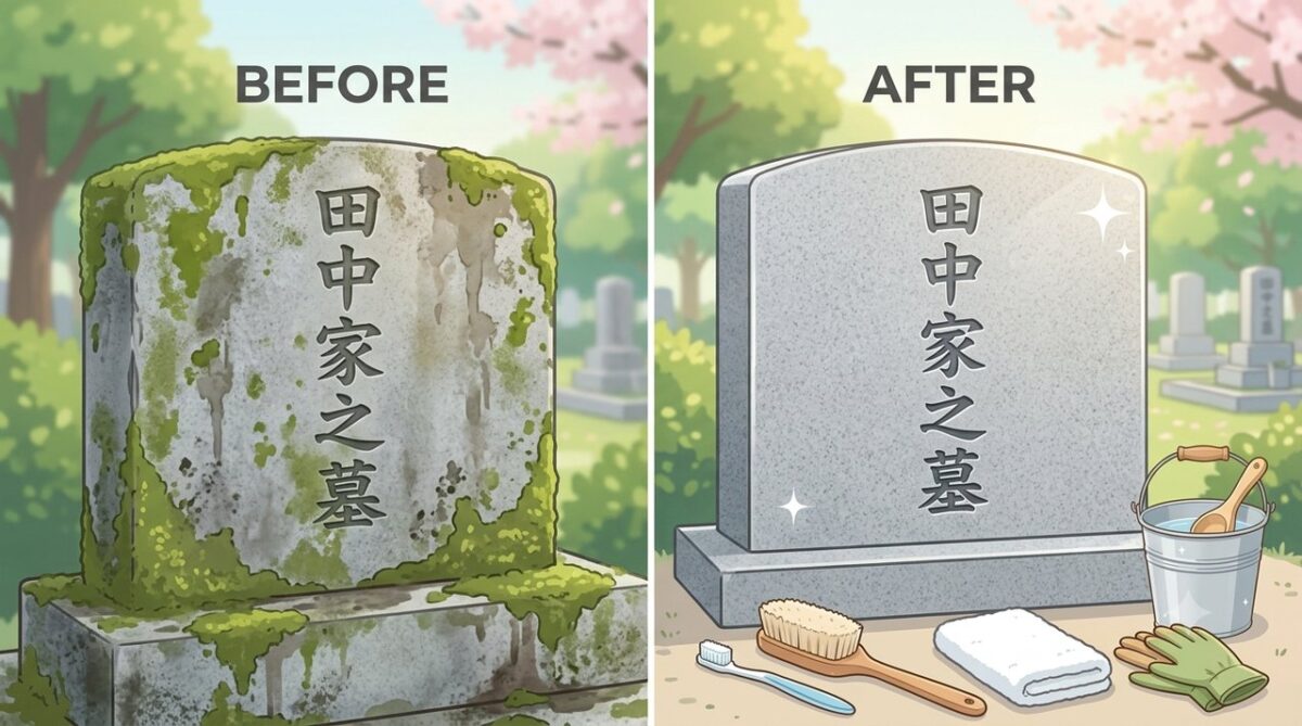 コケ・黒ずみで曇った墓石と掃除後にきれいになった墓石を比較したBefore/After画像