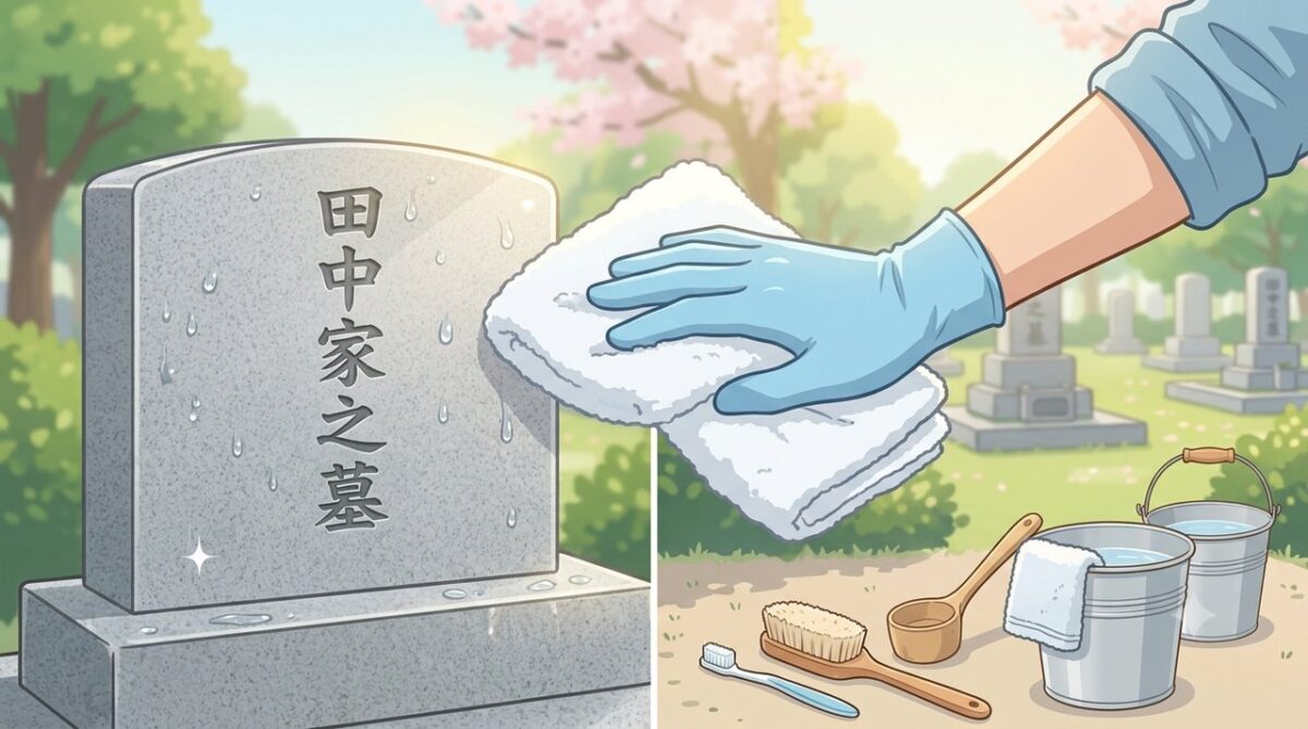 乾いたタオルで墓石の水分を優しく拭き上げる手元のイラスト
