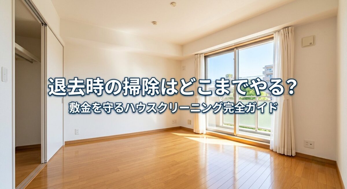 明るく片付いた退去後の部屋を背景にした退去時ハウスクリーニングのアイキャッチ画像