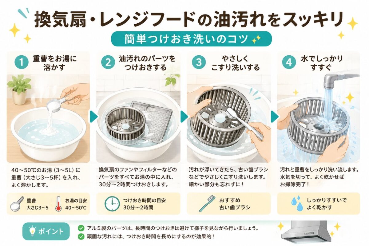 重曹を溶かしたお湯にレンジフードのパーツをつけおきし、歯ブラシで汚れをかき出す手順イラスト