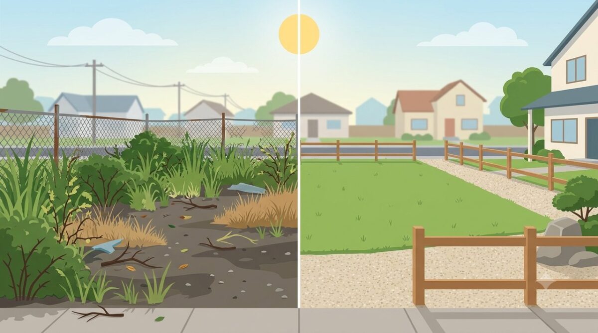 雑草が生い茂った空き地と、草むしり後にすっきり整地された同じ場所のビフォーアフター