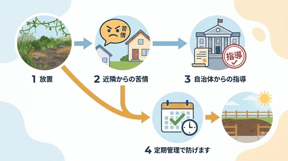 雑草放置から自治体の指導に至るまでの流れと、定期管理で防げることを示す図解