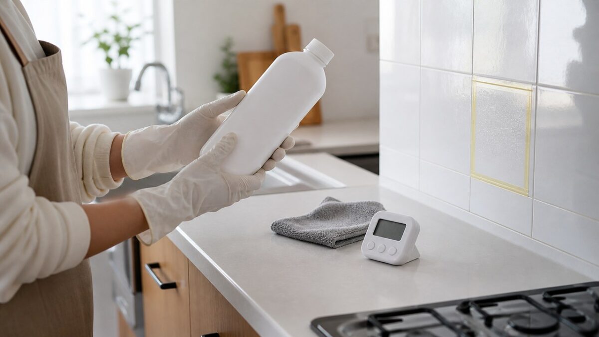 掃除用洗剤の容器を手に取りタイマーで待ち時間を管理する様子