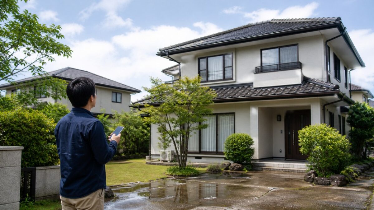 台風後の屋根へ上らず地上から建物全景を確認する住人