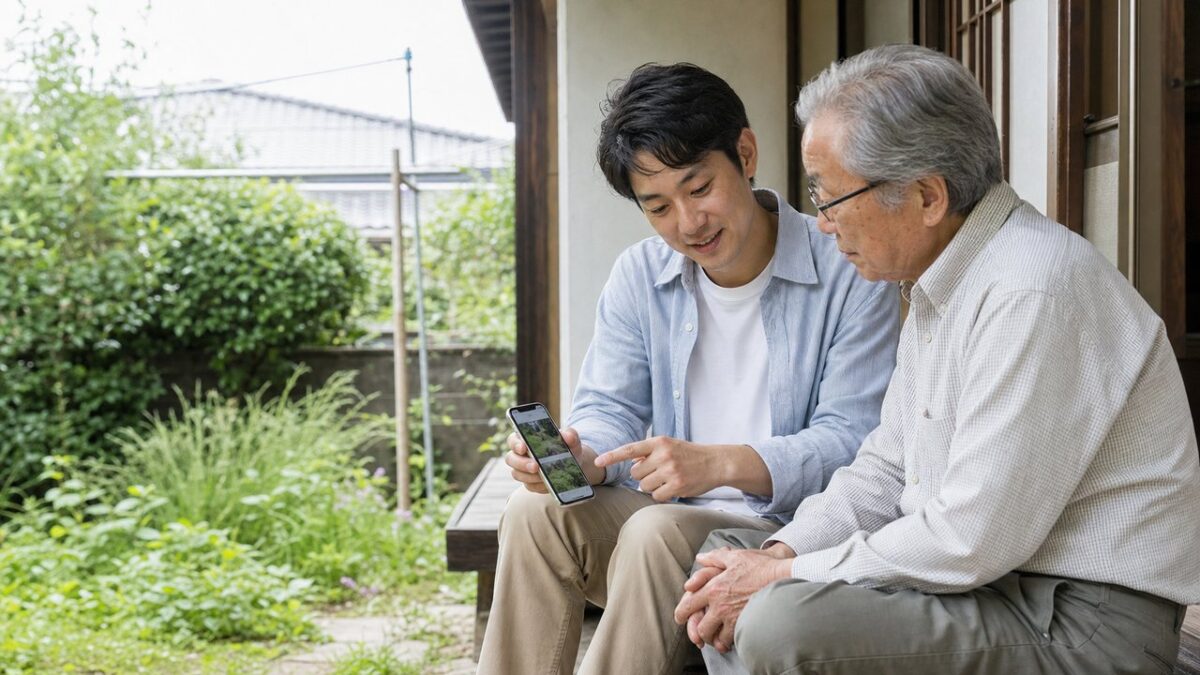 高齢の親と成人した子が庭を見ながら草むしり代行について相談する様子