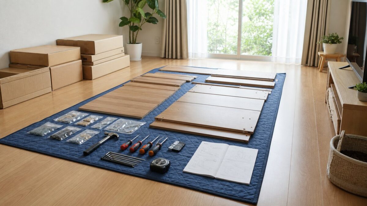 家具組み立て前に床を養生して確保した作業スペース