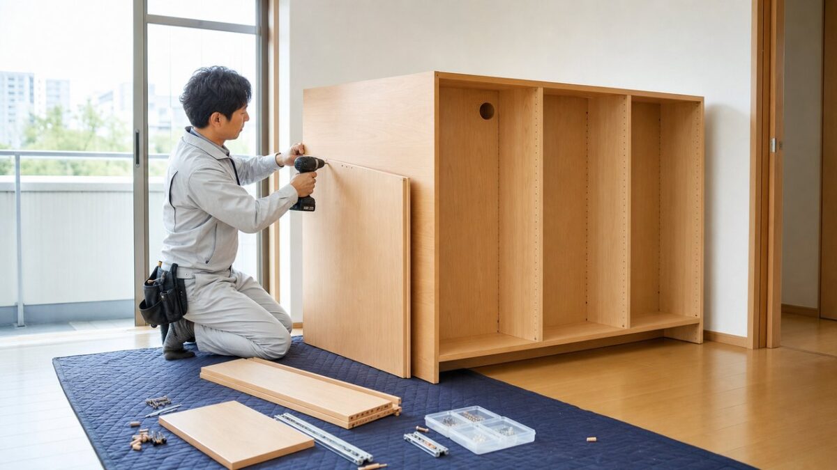 日本の住居で大型木製家具を組み立てる便利屋スタッフ