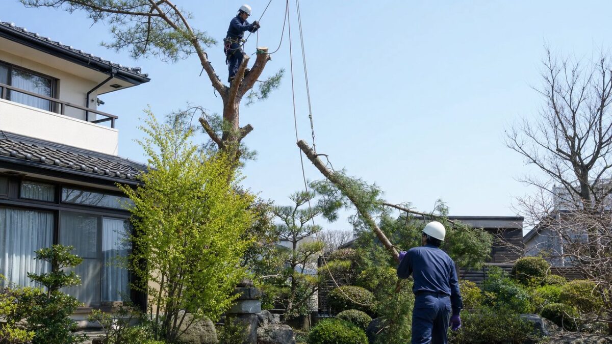 安全装備を着けロープで切った枝を下ろす庭木伐採作業員