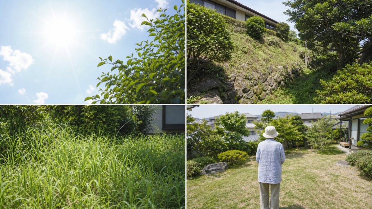 暑い庭と斜面、高い草丈、一人作業という草むしりの危険条件