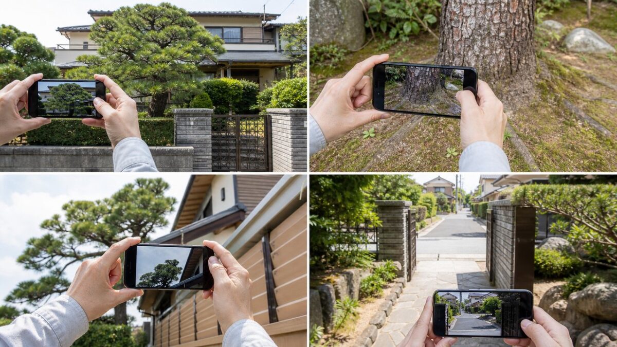 庭木伐採の見積り用に木全体・根元・周囲・搬出経路をスマートフォンで撮影する例