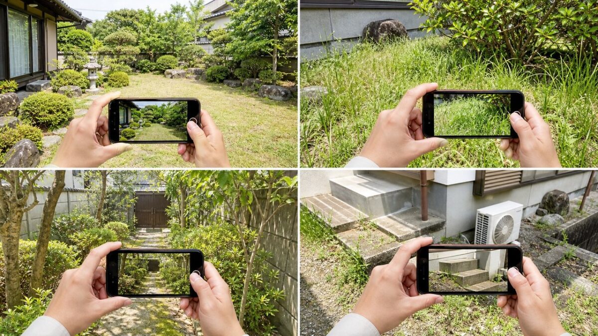 草むしり代行の見積り用に庭全体と草丈、通路、斜面を撮影する例
