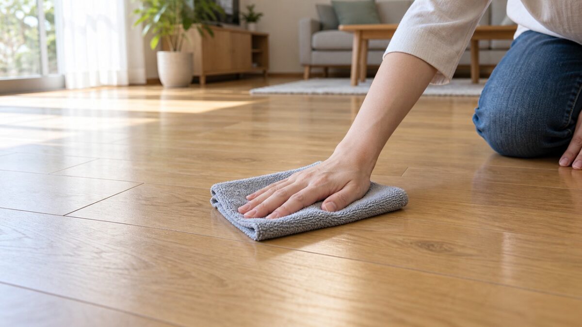 水拭きした床を乾いたクロスで仕上げて水分を残さない様子