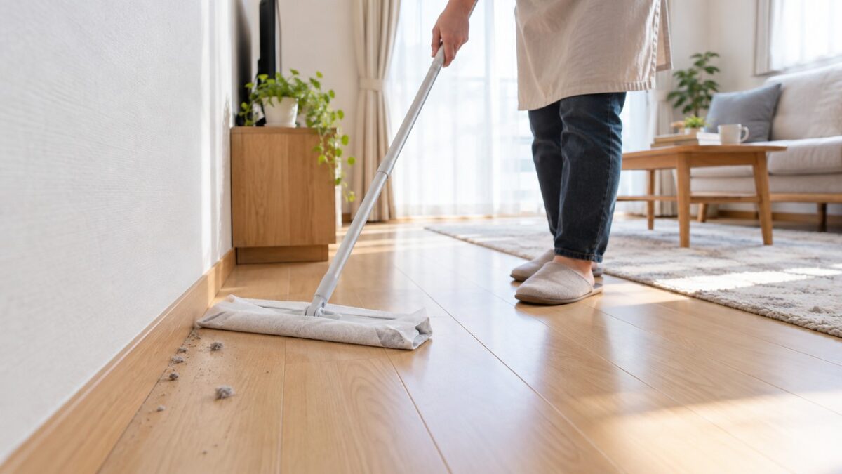 水拭きの前に乾いたフロアモップで床のホコリを集める様子