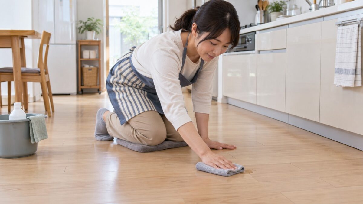 キッチン前のベタつく床だけを固く絞ったクロスで部分拭きする様子
