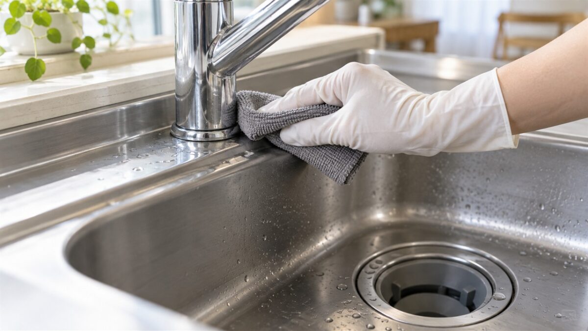 蛇口の根元とシンクの縁に残った水分を吸水クロスで回収する様子
