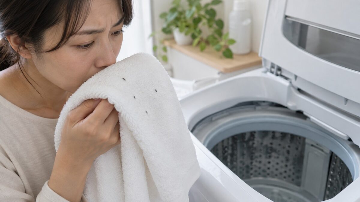 洗濯後のタオルの臭いと洗濯機内の黒いカスを確認する様子