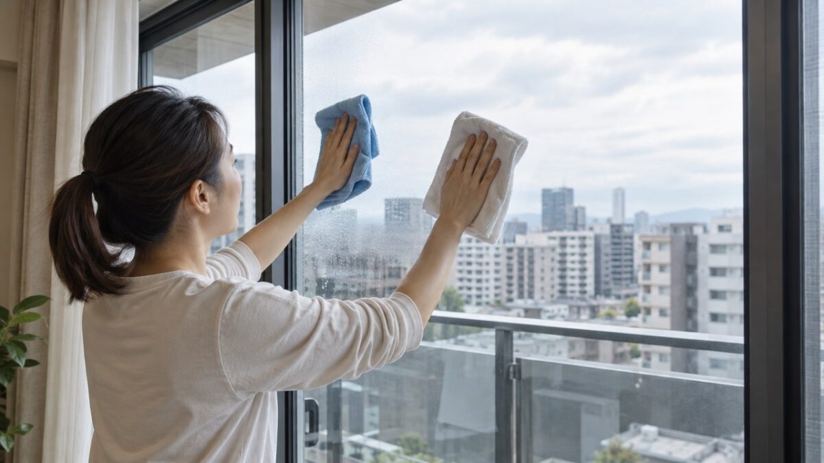 窓ガラスを水拭き用と乾拭き用のクロスで仕上げる様子