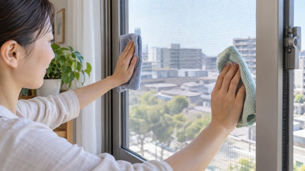 濡らす前の網戸を乾いたクロスで両側から掃除する様子