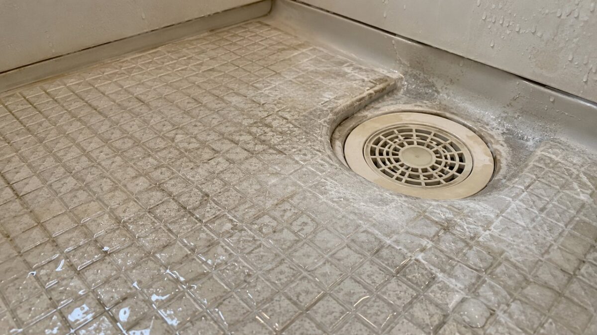 排水口の周りに白い水垢と灰色の石けんカスが付いたお風呂の床のイメージ