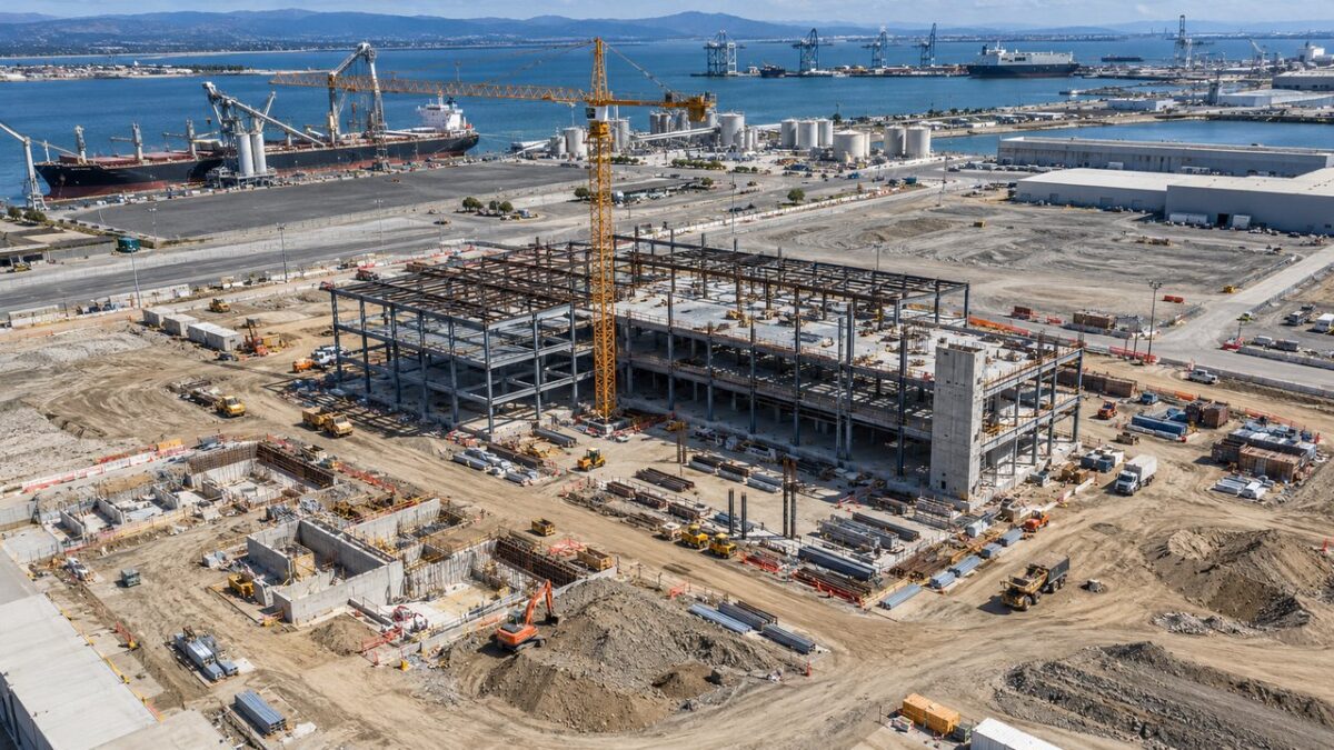 ドローンで上空から撮影した大型建築の工事現場の全景イメージ