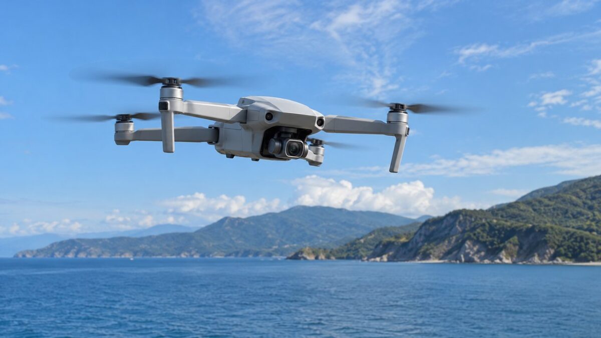 海辺の上空を飛行するグレーの折りたたみ式カメラ付きドローンのイメージ