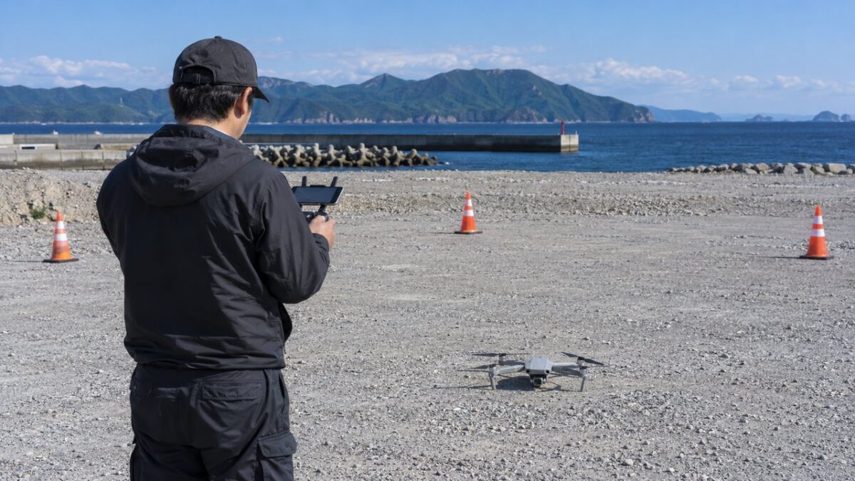 港に近い広い空き地で操縦機を確認しながらドローンの飛行準備をする様子のイメージ
