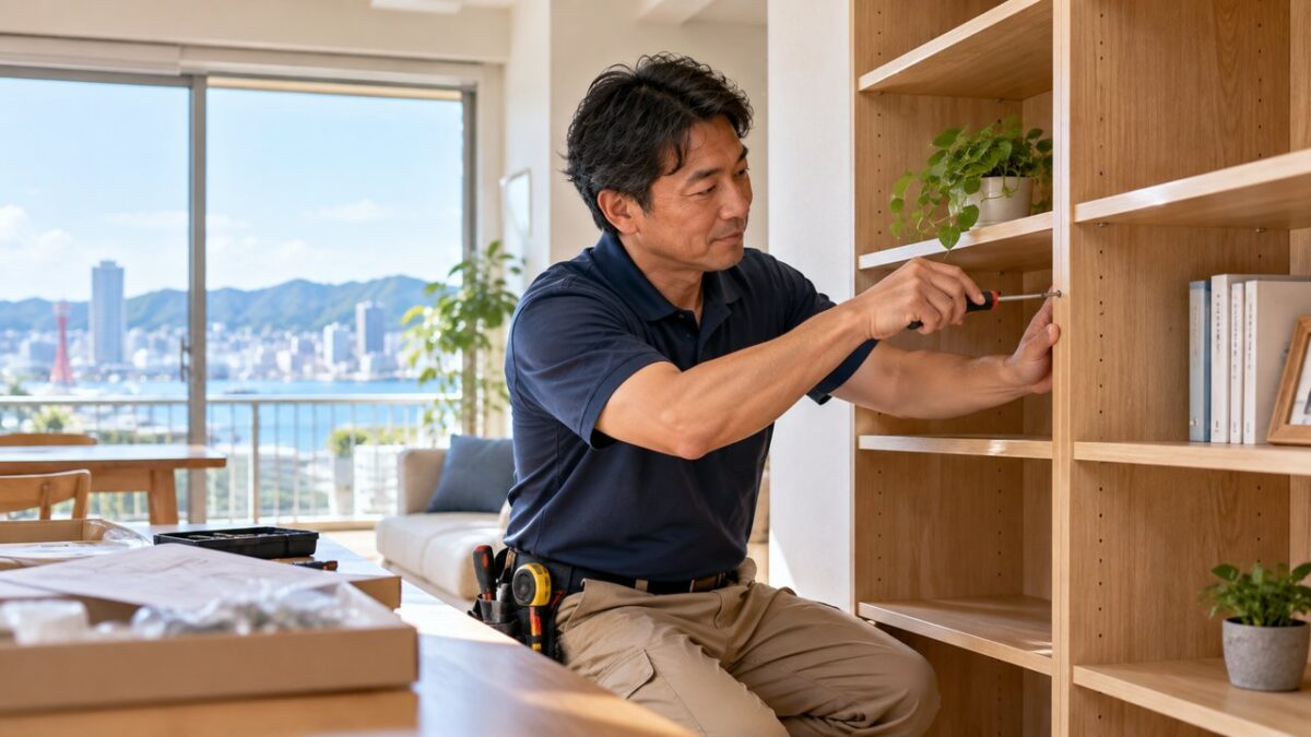神戸市のマンションで本棚を組み立てる便利屋スタッフ